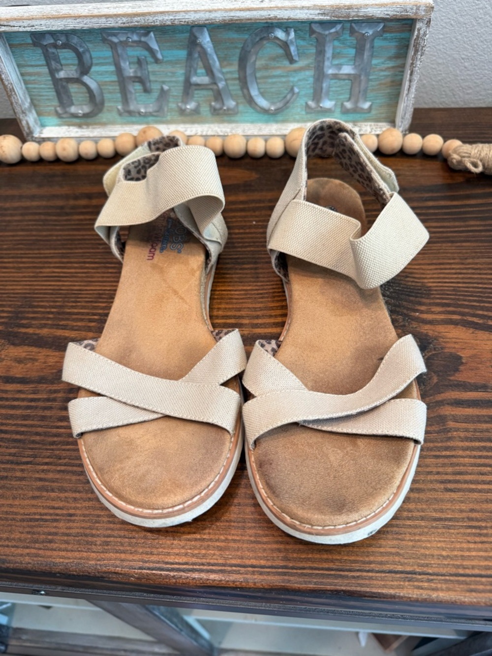 Bobs By Skechers Desert Kiss Linen Beige Tan Strappy Sandals Size 10 Womens